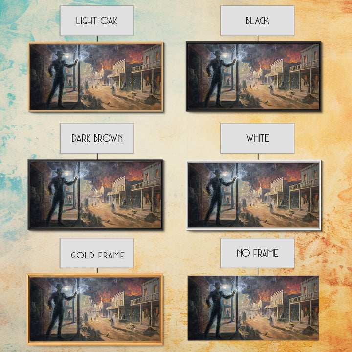 The Ghost Town Main Street, Apocalyptic Romantic Art, Wide Panoramic Art, Dark Fantasy Wall Art, Framed Canvas Print, Halloween Wall Art
