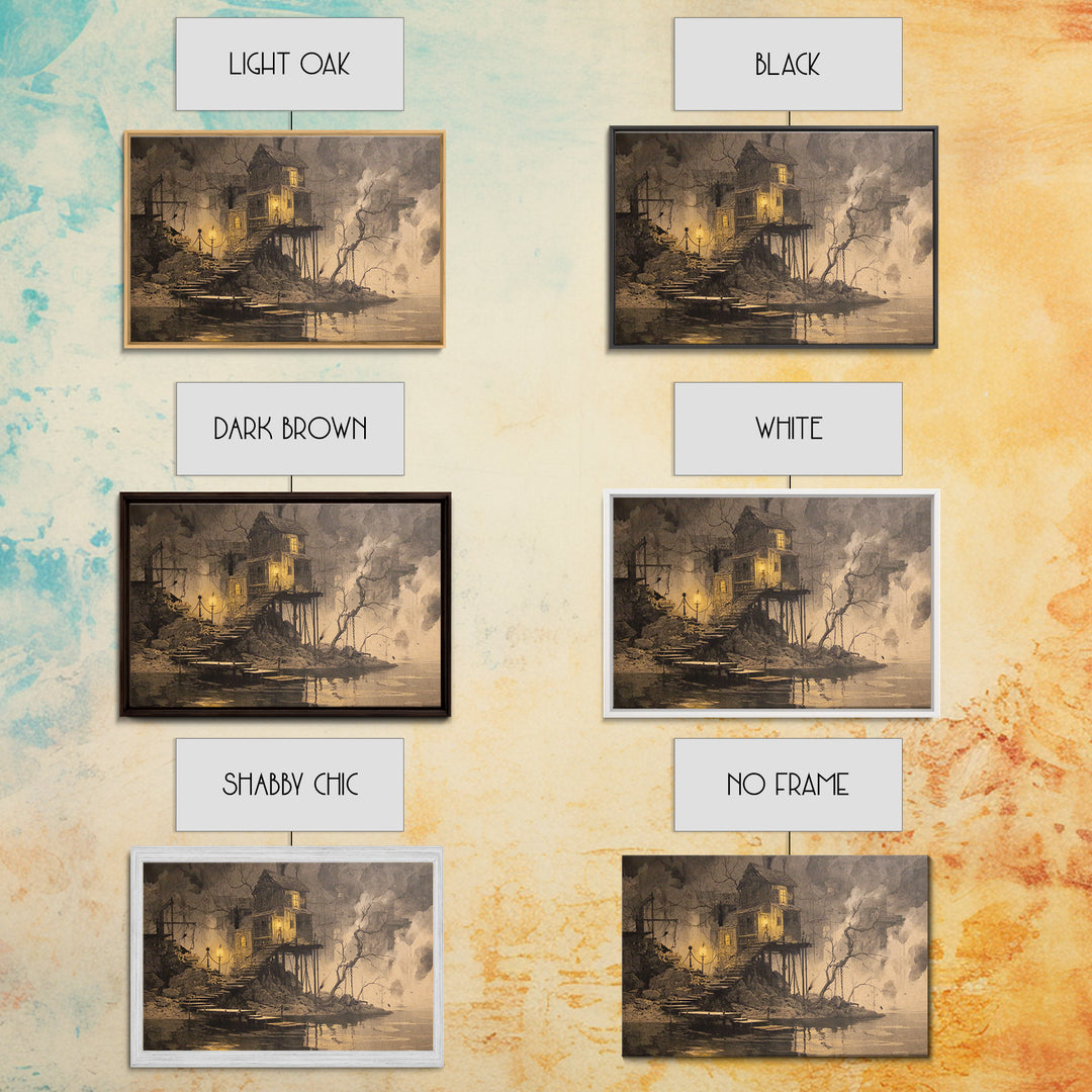The Foggy Swamp Shack, Architectural Etching Art, Landscape Wall Art, Gothic Horror Wall Art, Canvas Print, Halloween Wall Art