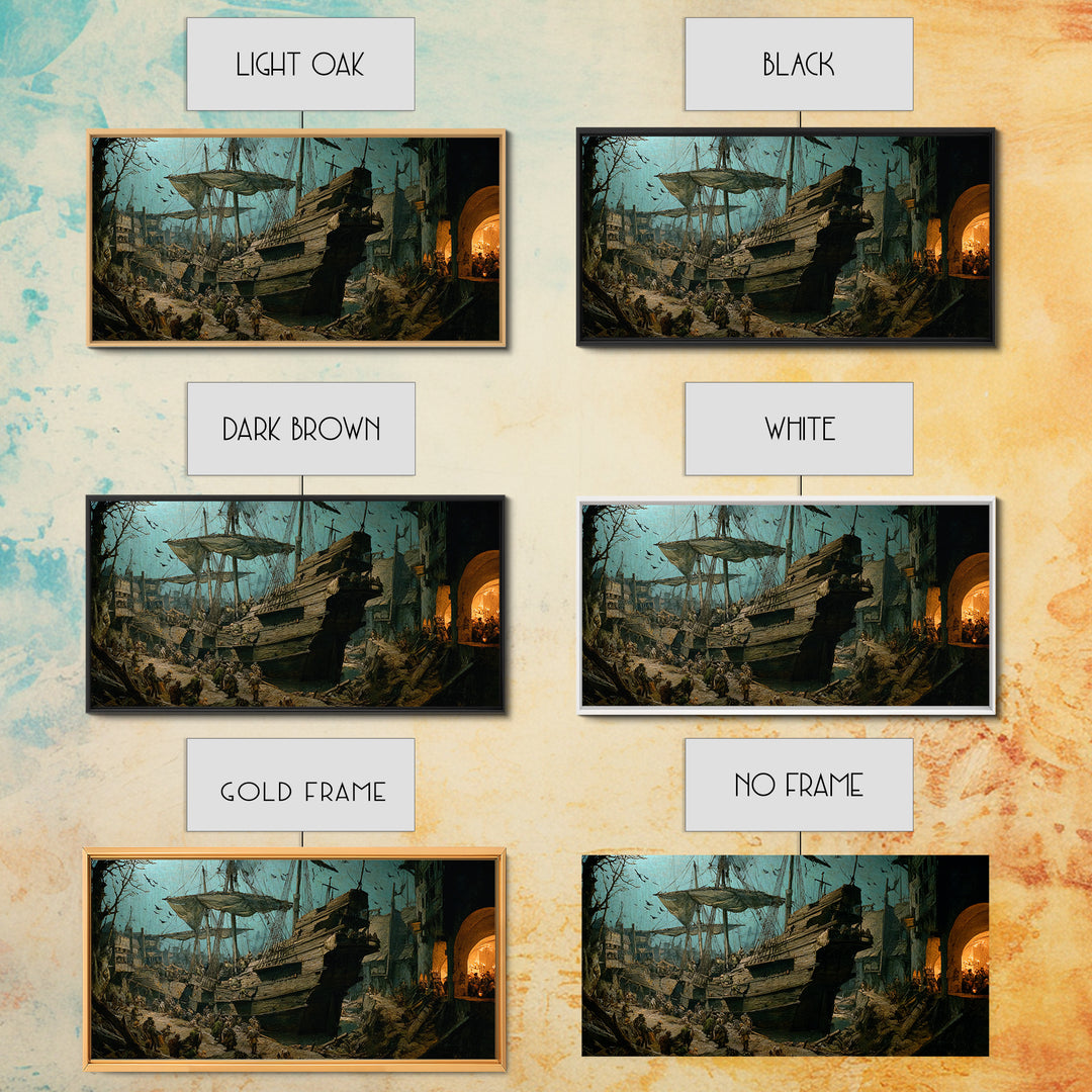 The Shipwreck Cove, Northern Renaissance Horror, Wide Panoramic Art, Dark Halloween Decor, Canvas Print, Halloween Wall Art