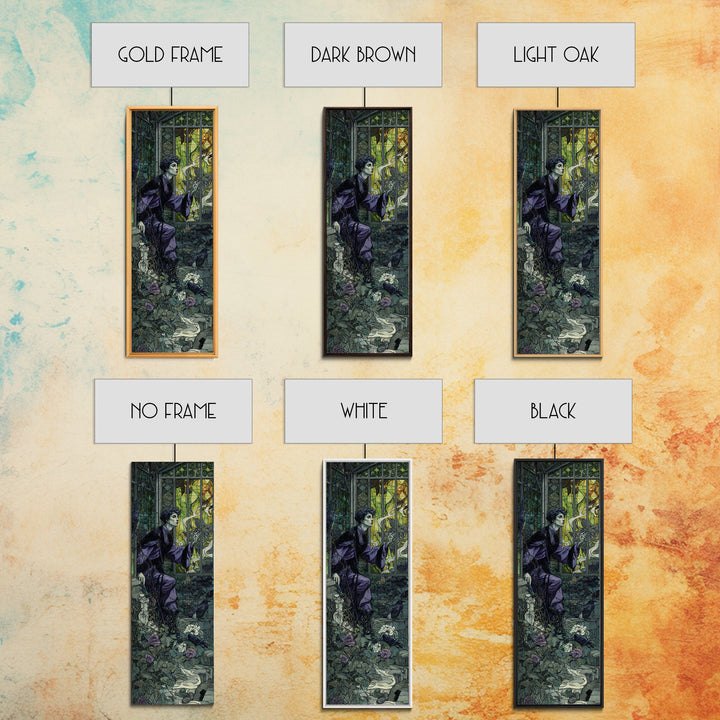 The Cemetery Greenhouse, Stained Glass Gothic Art, Tall Narrow Wall Art, Dark Halloween Decor, Framed Canvas Print, Halloween Wall Art