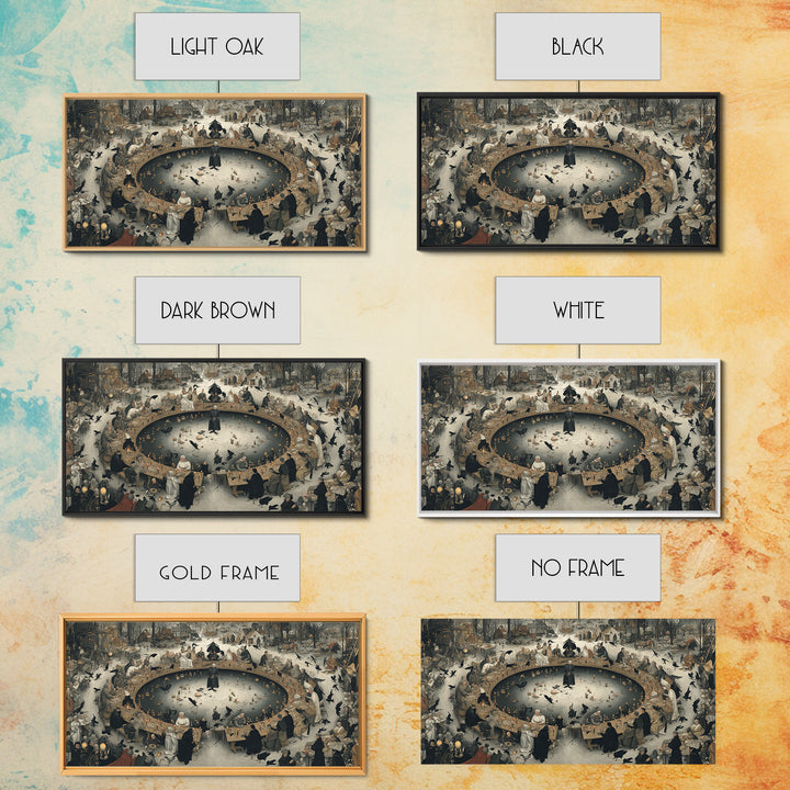 The Candlelit Seance, Northern Renaissance Horror, Wide Panoramic Art, Dark Halloween Decor, Canvas Print, Halloween Wall Art