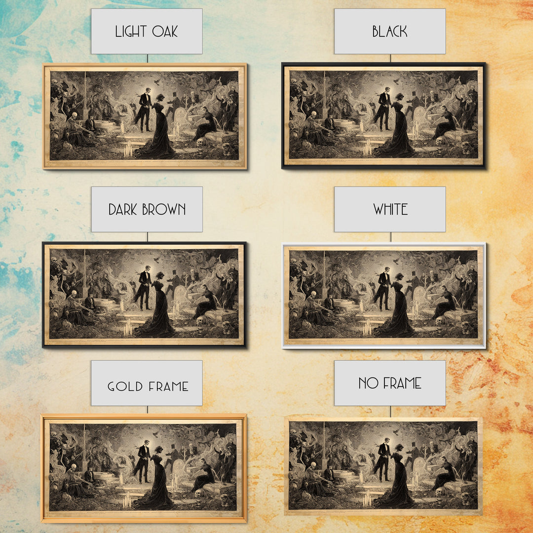 The Graveyard Dance, Dark Symbolist Art, Wide Panoramic Art, Dark Halloween Decor, Framed Canvas Print, Halloween Wall Art