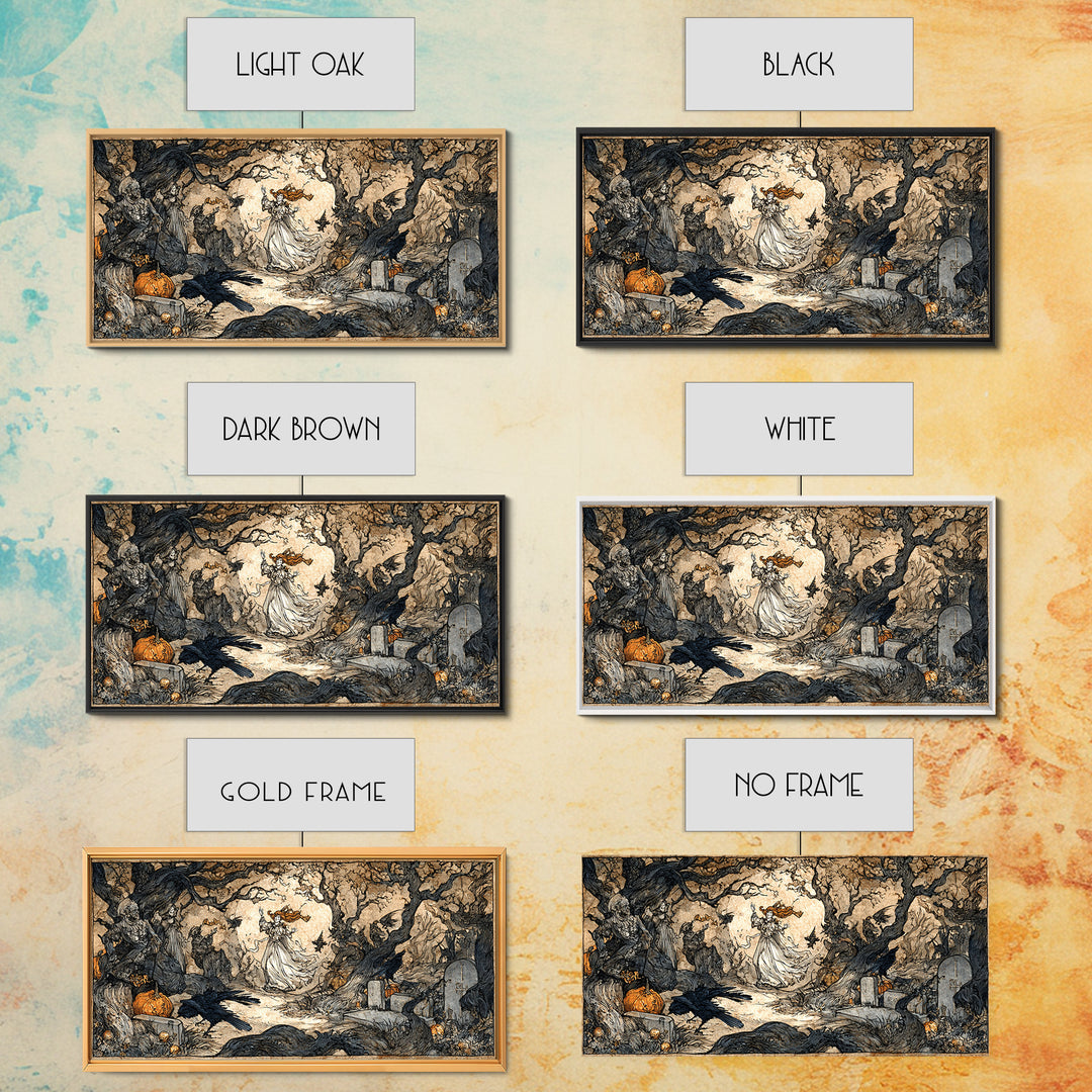 The Graveyard Dance, Gothic Storybook Art, Wide Panoramic Art, Dark Halloween Decor, Canvas Print, Halloween Wall Art