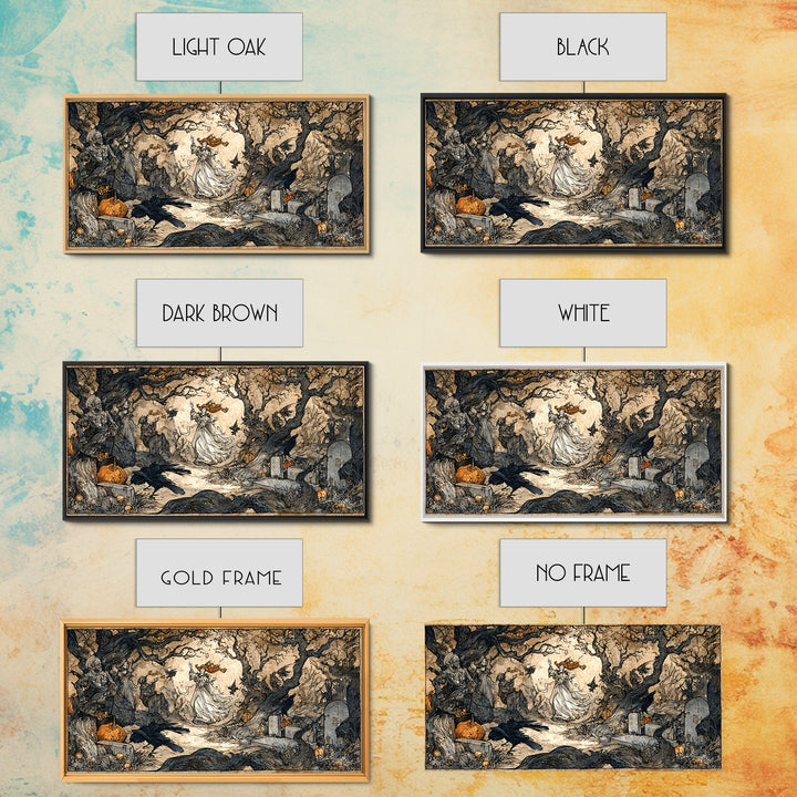 The Graveyard Dance, Gothic Storybook Art, Wide Panoramic Art, Dark Halloween Decor, Canvas Print, Halloween Wall Art