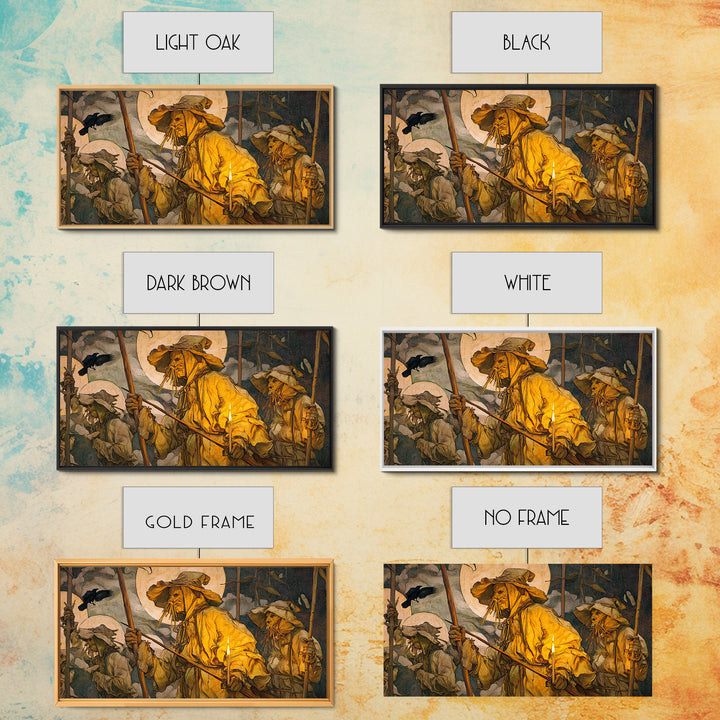 The Scarecrow Uprising, Dark Renaissance Art, Wide Panoramic Art, Dark Halloween Decor, Framed Canvas Print, Halloween Wall Art