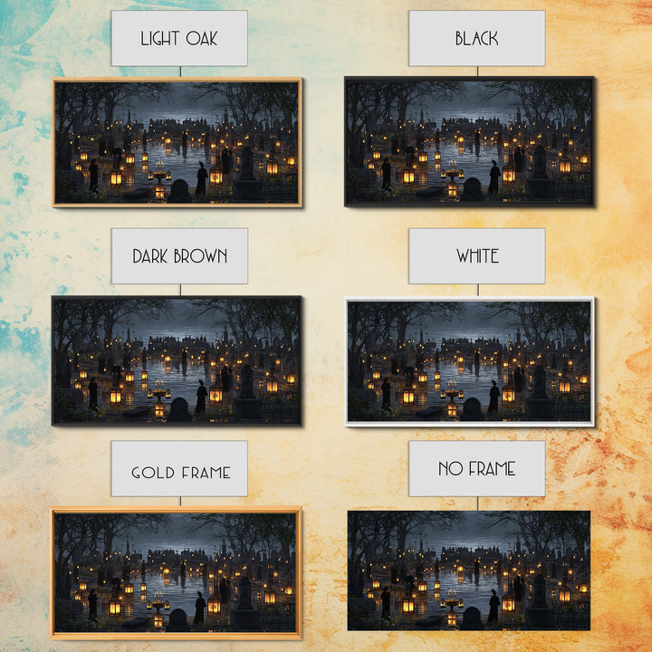 The Cemetery Lantern Festival, Symbolist Gothic Landscape, Wide Panoramic Art, Dark Fantasy Wall Art, Canvas Print, Halloween Wall Art