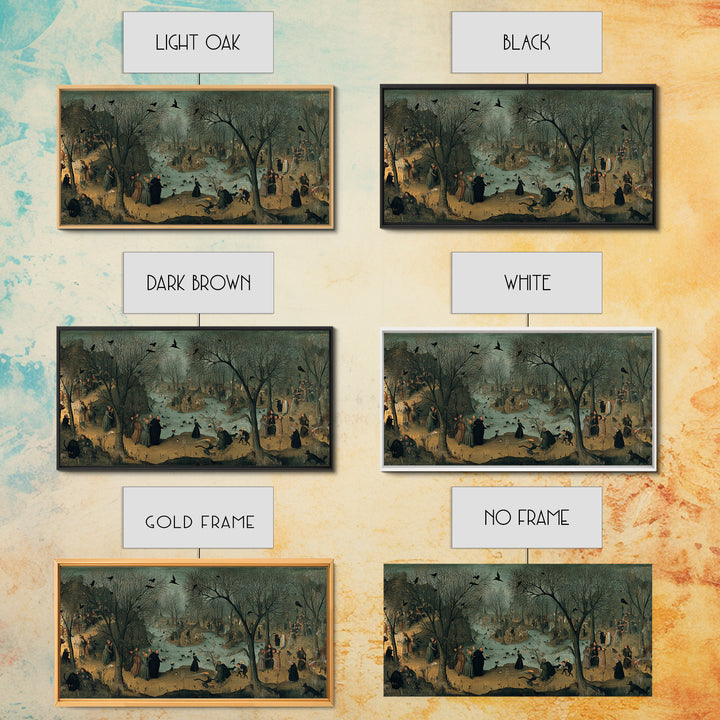The Black Cat Gathering, Northern Renaissance Horror, Wide Panoramic Art, Gothic Horror Wall Art, Framed Canvas Print