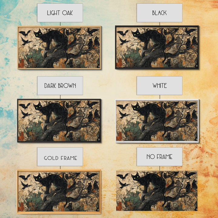 The Black Cat Gathering, Dark Renaissance Art, Wide Panoramic Art, Dark Halloween Decor, Canvas Print, Halloween Wall Art