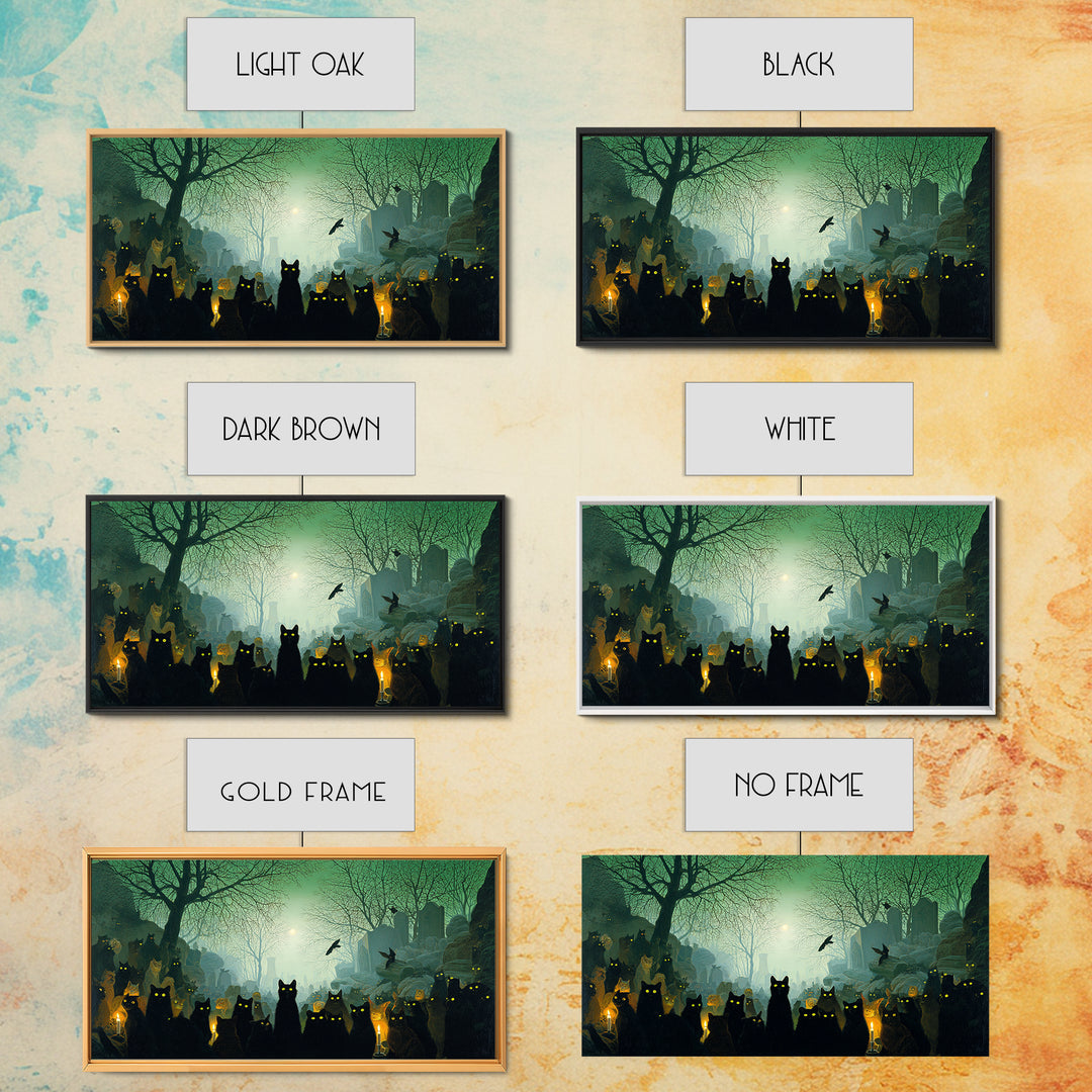 The Black Cat Gathering, Romantic Gothic Landscape, Wide Panoramic Art, Dark Fantasy Wall Art, Canvas Print, Halloween Wall Art