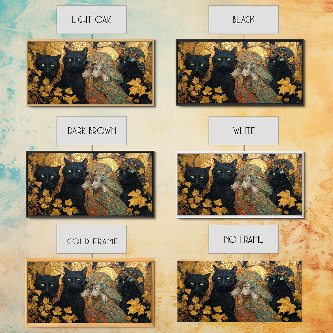 The Black Cat Gathering, Ornate Symbolist Art, Wide Panoramic Art, Gothic Horror Wall Art, Canvas Print, Halloween Wall Art