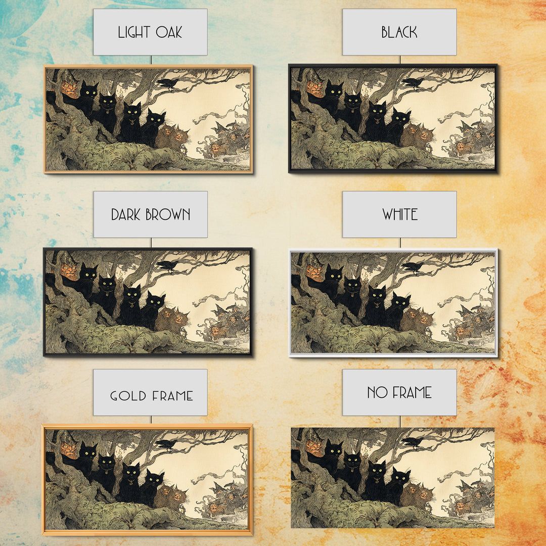 The Black Cat Gathering, Gothic Storybook Art, Wide Panoramic Art, Dark Halloween Decor, Framed Canvas Print, Halloween Wall Art