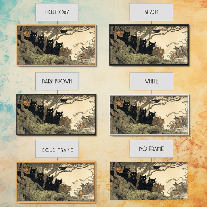 The Black Cat Gathering, Gothic Storybook Art, Wide Panoramic Art, Dark Halloween Decor, Framed Canvas Print, Halloween Wall Art