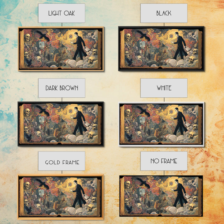 The Living Spellbook, Grotesque Carnival Art, Wide Panoramic Art, Dark Halloween Decor, Framed Canvas Print, Halloween Wall Art