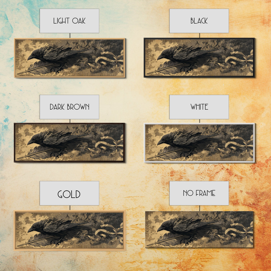 The Raven-Feather Quill, Apocalyptic Romantic Art, Extra Wide Wall Art, Dark Halloween Decor, Framed Canvas Print, Halloween Wall Art