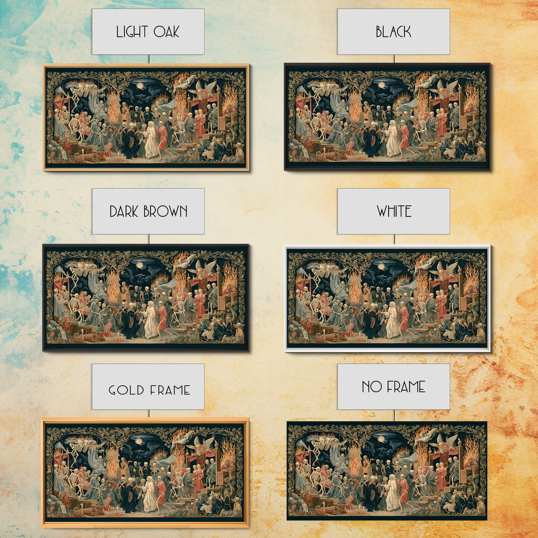 Medieval Danse Macabre, Visionary Gothic Art, Wide Panoramic Art, Dark Fantasy Wall Art, Framed Canvas Print, Halloween Wall Art