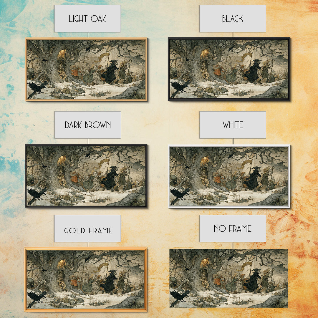 Medieval Danse Macabre, Gothic Storybook Art, Wide Panoramic Art, Dark Halloween Decor, Canvas Print, Halloween Wall Art