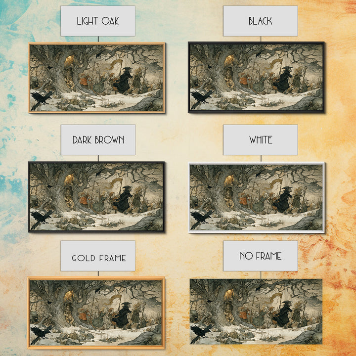 Medieval Danse Macabre, Gothic Storybook Art, Wide Panoramic Art, Dark Halloween Decor, Canvas Print, Halloween Wall Art