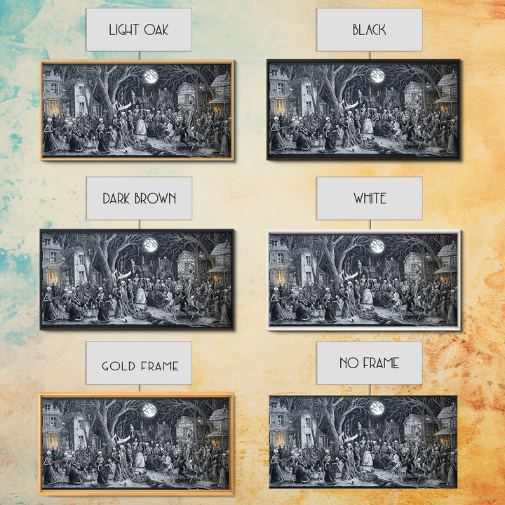 Medieval Danse Macabre, Victorian Macabre Art, Wide Panoramic Art, Gothic Horror Wall Art, Framed Canvas Print, Halloween Wall Art