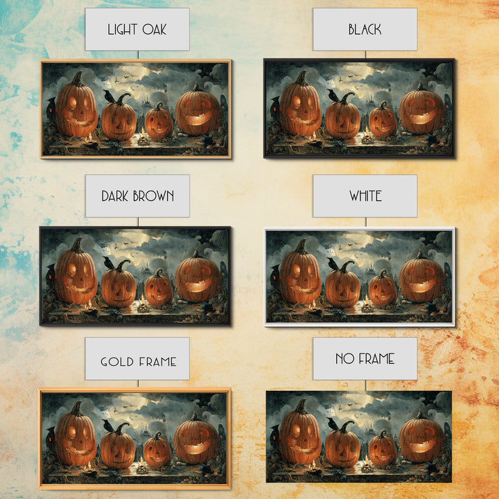 Pumpkins And Moon Phases, Northern Renaissance Horror, Wide Panoramic Art, Dark Halloween Decor, Framed Canvas Print