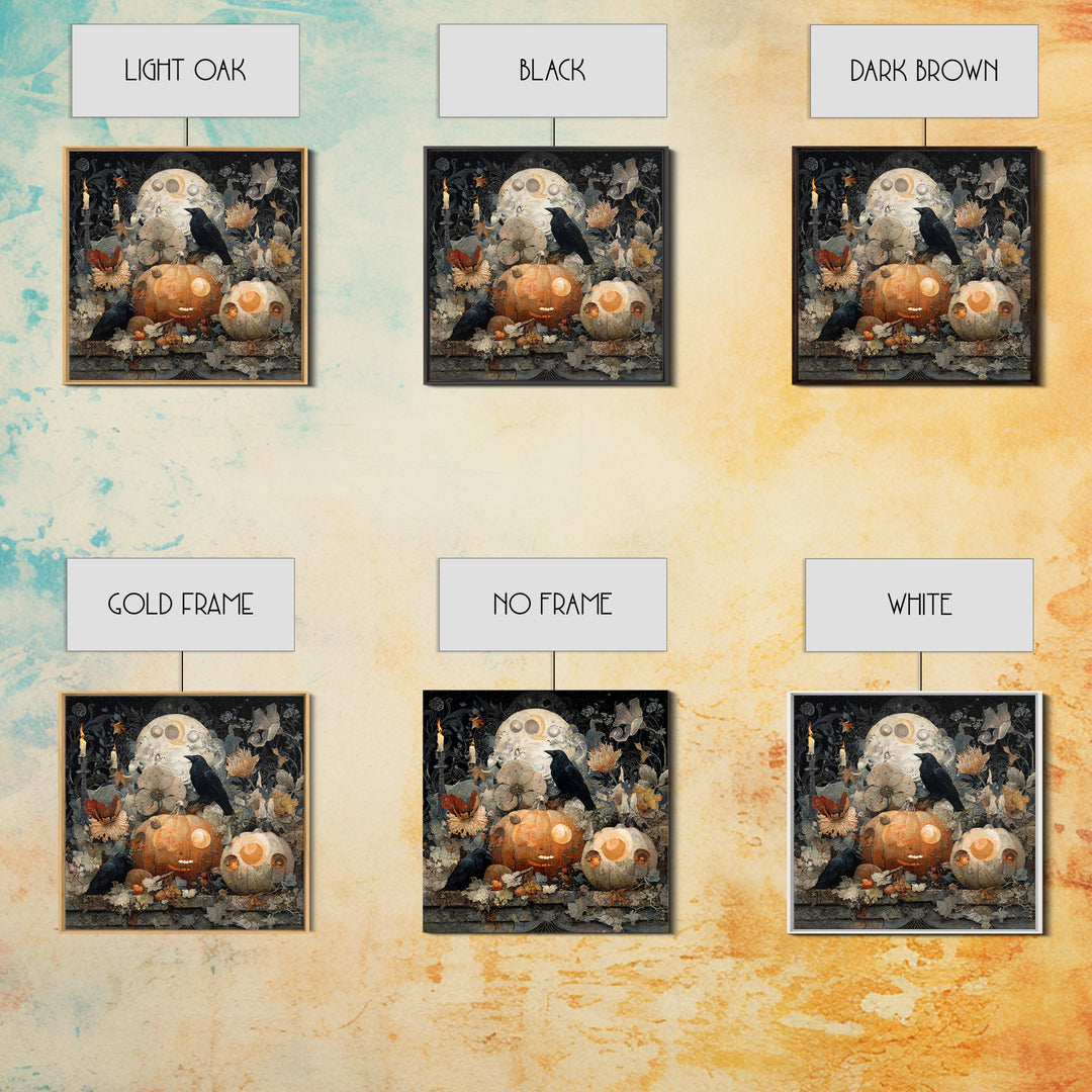 Pumpkins And Moon Phases, Symbolist Dream Art, Square Wall Art, Dark Halloween Decor, Framed Canvas Print, Halloween Wall Art