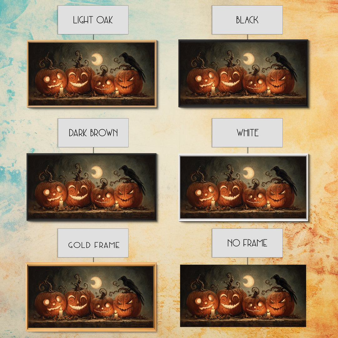Pumpkins And Moon Phases, Expressionist Nightmare Art, Wide Panoramic Art, Dark Fantasy Wall Art, Framed Canvas Print, Halloween Wall Art
