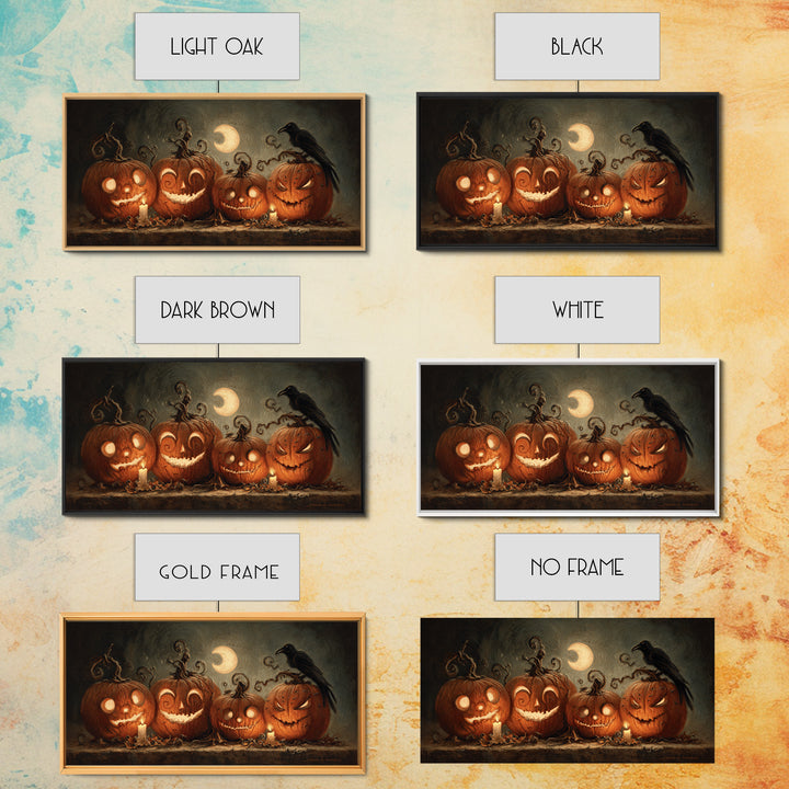 Pumpkins And Moon Phases, Expressionist Nightmare Art, Wide Panoramic Art, Dark Fantasy Wall Art, Framed Canvas Print, Halloween Wall Art