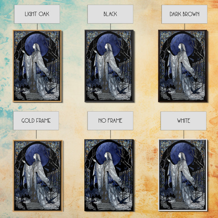 The Moon Priestess, Stained Glass Gothic Art, Vertical Wall Art, Macabre Wall Art, Framed Canvas Print, Halloween Wall Art