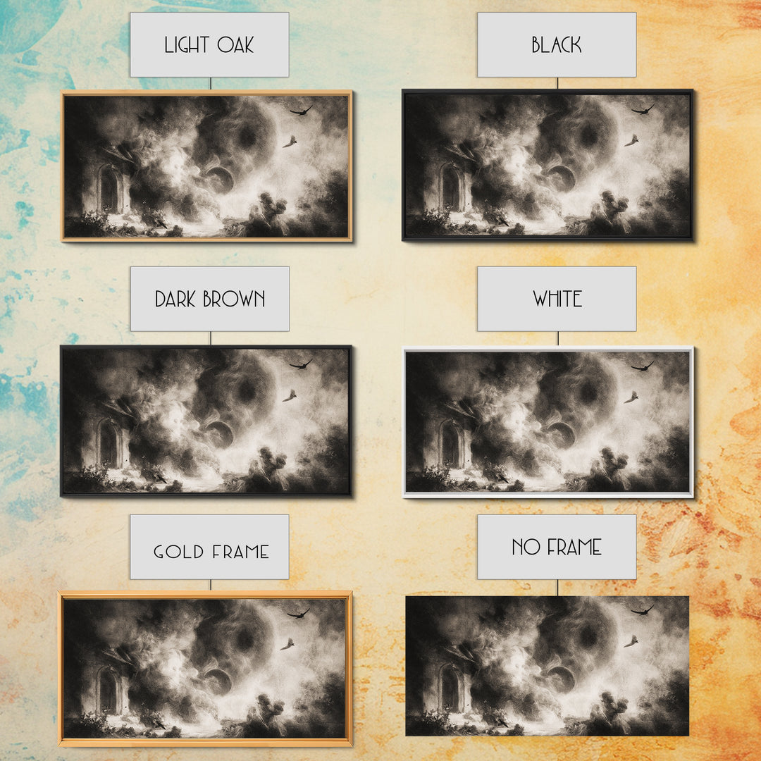 The Ash-Covered Oracle, Symbolist Dream Art, Wide Panoramic Art, Dark Halloween Decor, Framed Canvas Print, Halloween Wall Art