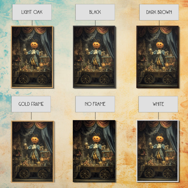 The Pumpkin-Headed Tea Merchant, Ornate Symbolist Art, Vertical Wall Art, Macabre Wall Art, Framed Canvas Print, Halloween Wall Art