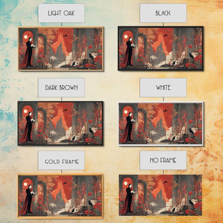 The Vampire Florist, Apocalyptic Romantic Art, Wide Panoramic Art, Dark Fantasy Wall Art, Framed Canvas Print, Halloween Wall Art
