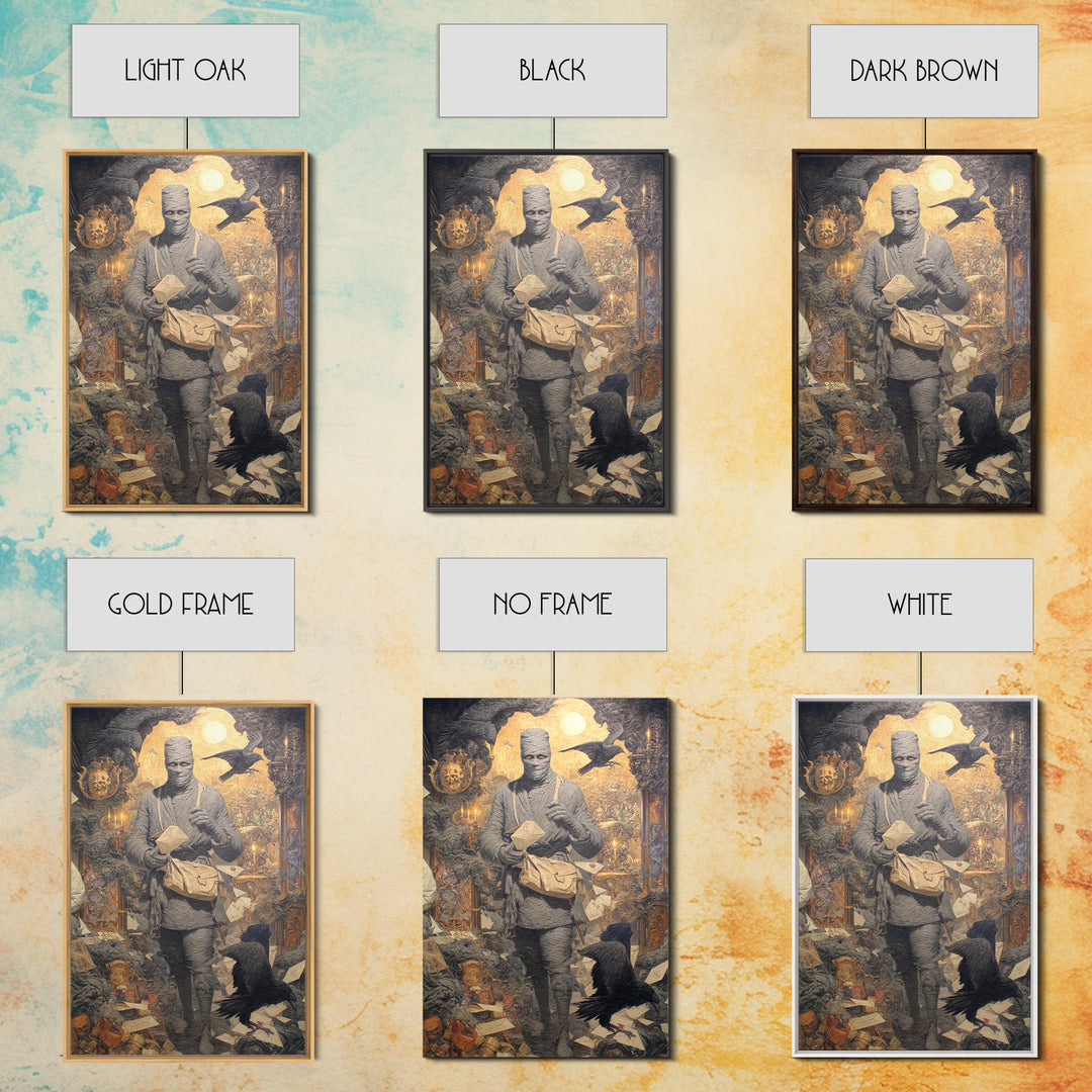 The Mummy Mail Carrier, Ornate Symbolist Art, Vertical Wall Art, Dark Halloween Decor, Canvas Print, Halloween Wall Art