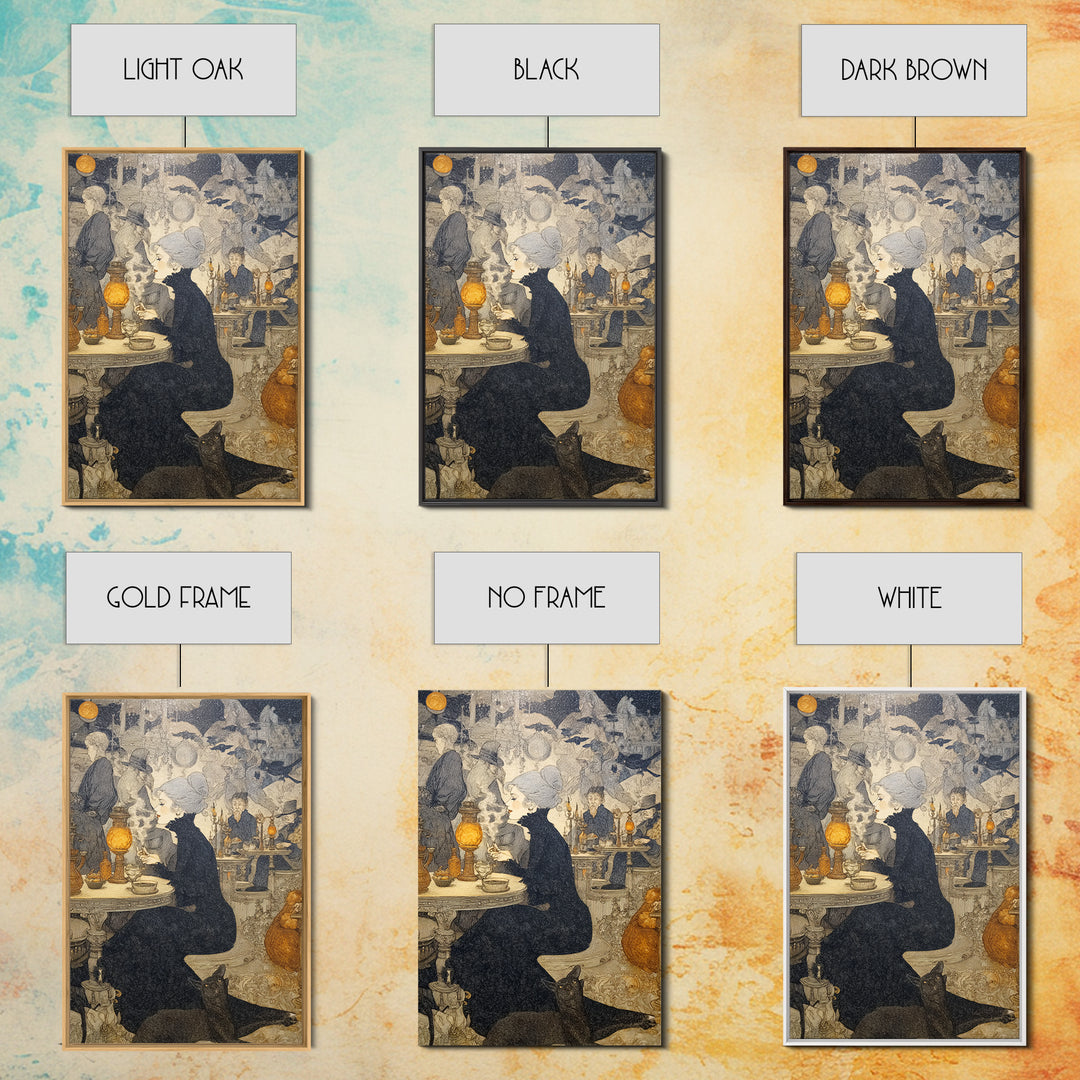 The Witch'S Cat Cafe, Symbolist Death Art, Vertical Wall Art, Gothic Horror Wall Art, Canvas Print, Halloween Wall Art
