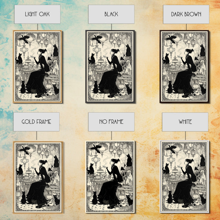 The Witch'S Cat Cafe, Decadent Line Art, Vertical Wall Art, Gothic Horror Wall Art, Framed Canvas Print, Halloween Wall Art