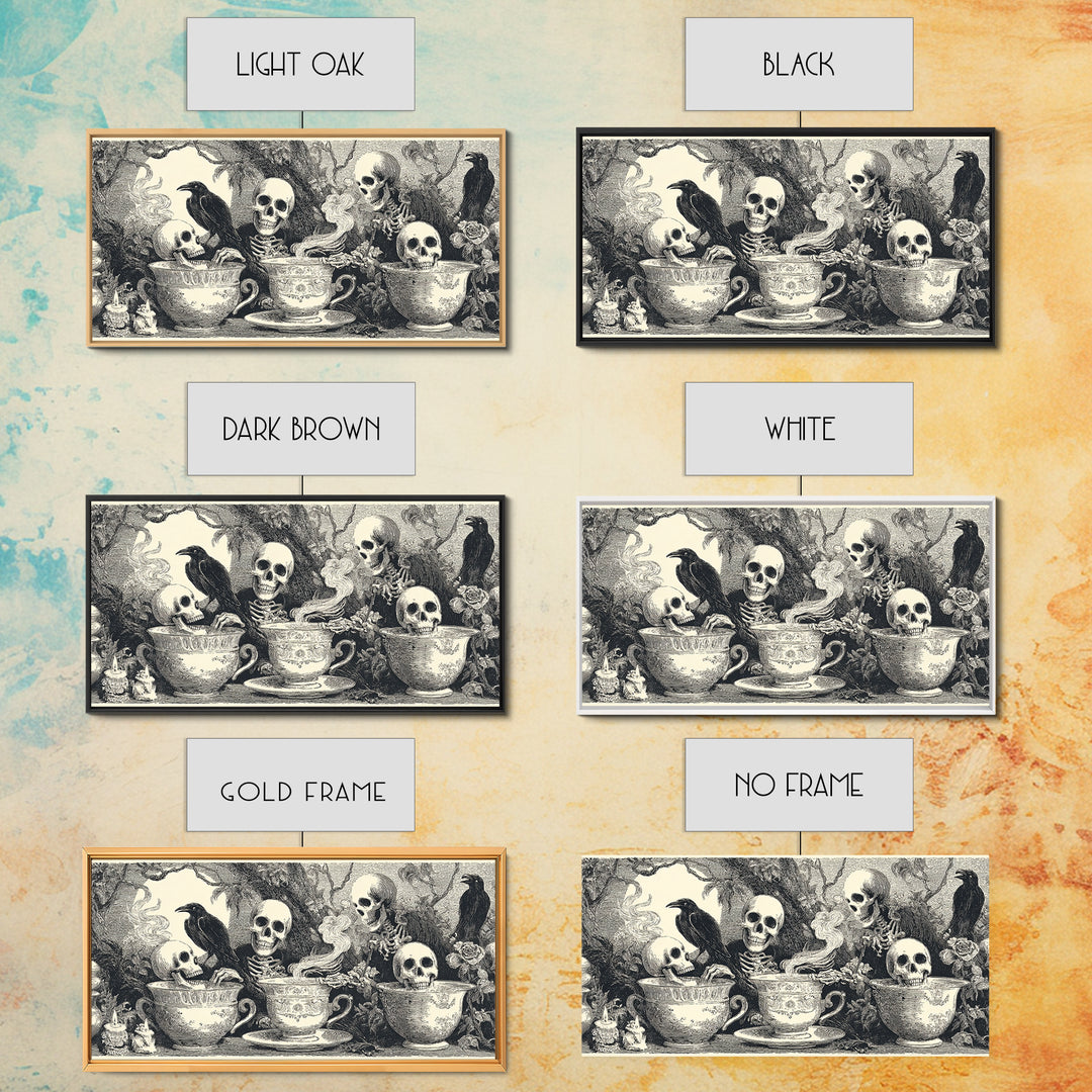 Tiny Ghosts In Teacups, Macabre Folk Print Art, Wide Panoramic Art, Macabre Wall Art, Canvas Print, Halloween Wall Art