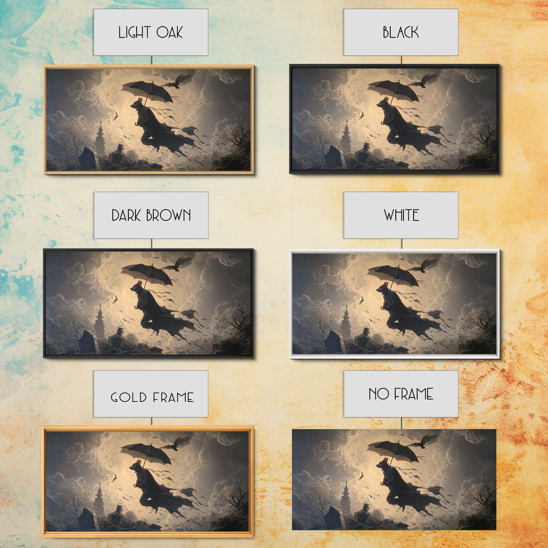 The Bat Umbrella Salesman, Romantic Gothic Landscape, Wide Panoramic Art, Dark Fantasy Wall Art, Canvas Print, Halloween Wall Art