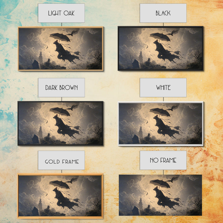 The Bat Umbrella Salesman, Romantic Gothic Landscape, Wide Panoramic Art, Dark Fantasy Wall Art, Canvas Print, Halloween Wall Art