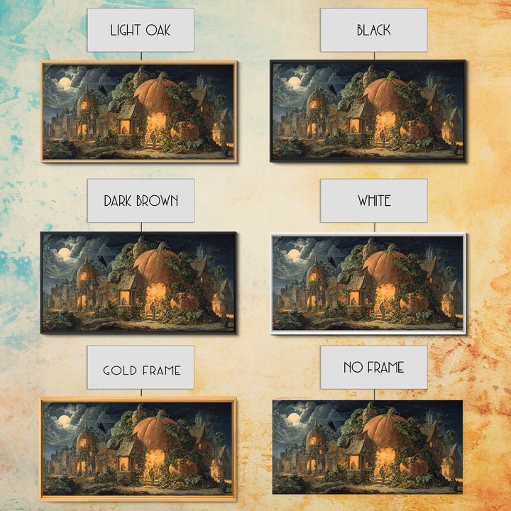 The Pumpkin-House Neighborhood, Dark Renaissance Art, Wide Panoramic Art, Dark Halloween Decor, Framed Canvas Print