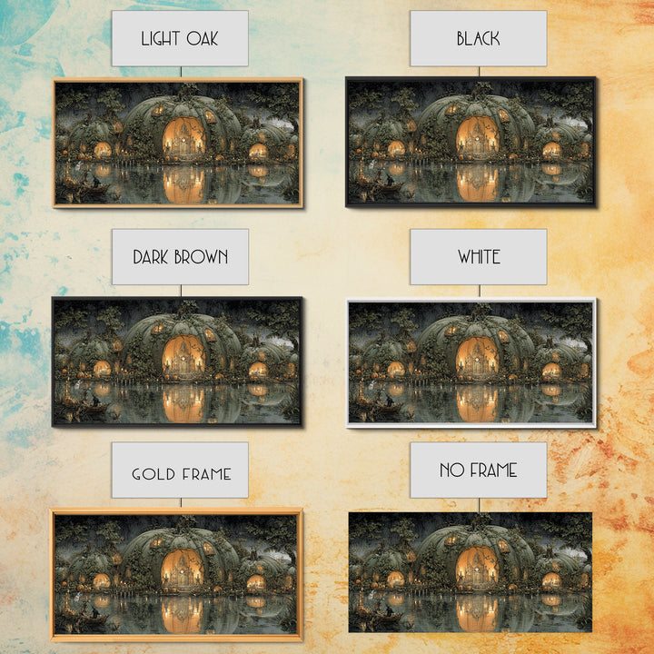 The Pumpkin-House Neighborhood, Symbolist Gothic Landscape, Wide Panoramic Art, Dark Halloween Decor, Canvas Print, Halloween Wall Art