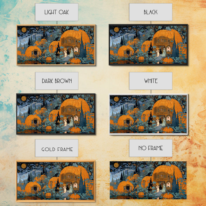 The Pumpkin-House Neighborhood, Stained Glass Gothic Art, Wide Panoramic Art, Dark Halloween Decor, Framed Canvas Print, Halloween Wall Art