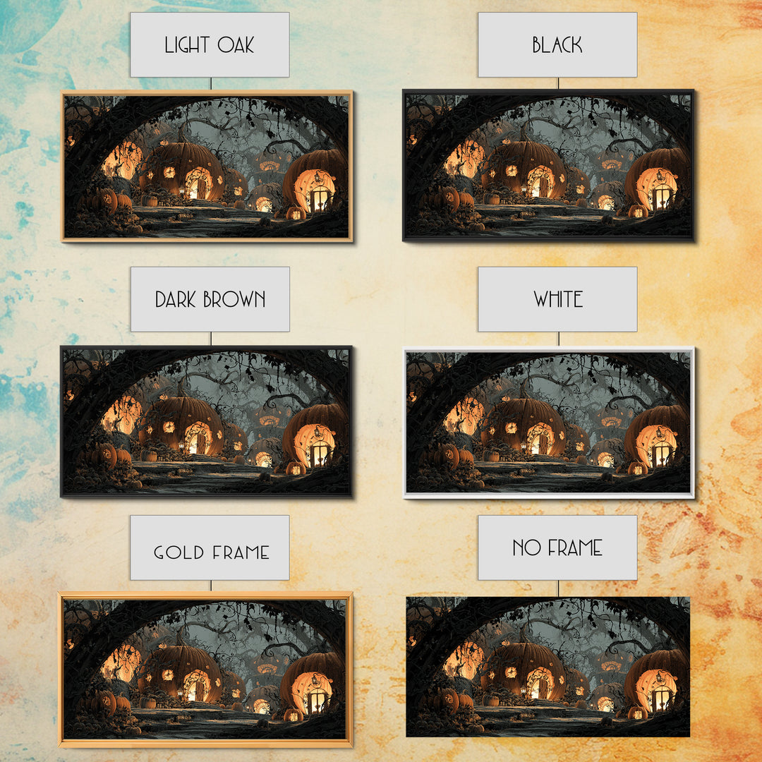 The Pumpkin-House Neighborhood, Macabre Folk Print Art, Wide Panoramic Art, Macabre Wall Art, Framed Canvas Print