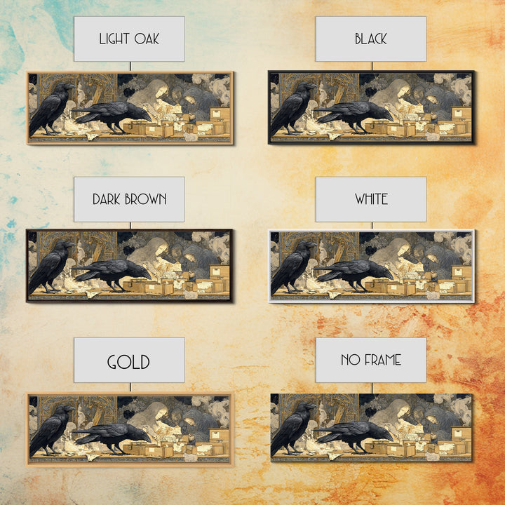 The Raven Post Office, Symbolist Death Art, Extra Wide Wall Art, Dark Halloween Decor, Framed Canvas Print, Halloween Wall Art