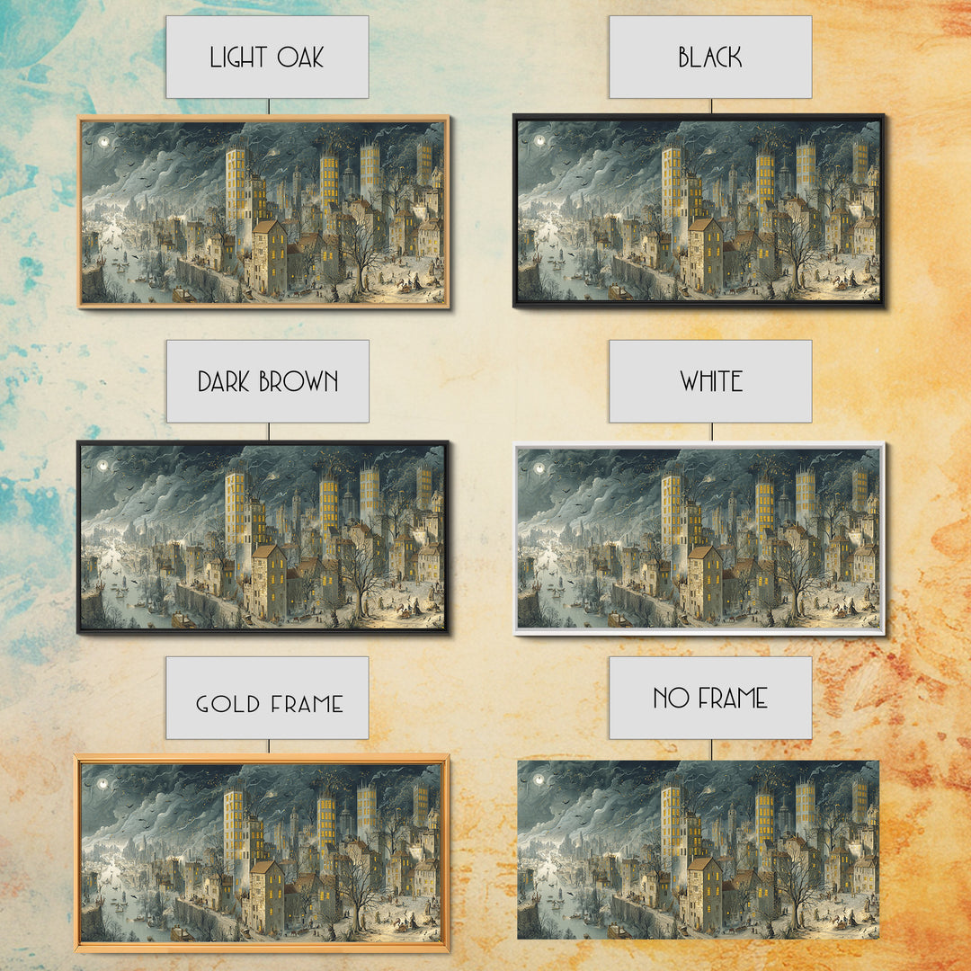 The Haunted City Skyline, Northern Renaissance Horror, Wide Panoramic Art, Gothic Horror Wall Art, Framed Canvas Print