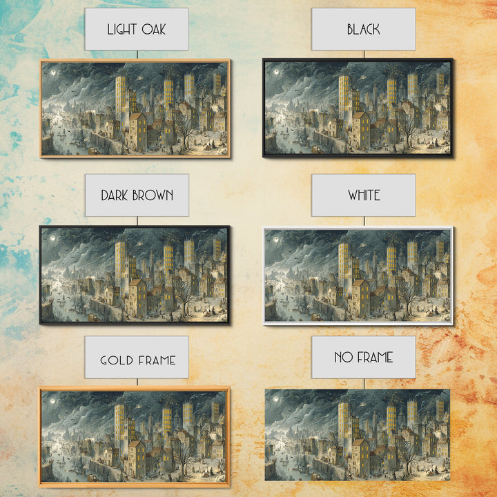 The Haunted City Skyline, Northern Renaissance Horror, Wide Panoramic Art, Gothic Horror Wall Art, Framed Canvas Print