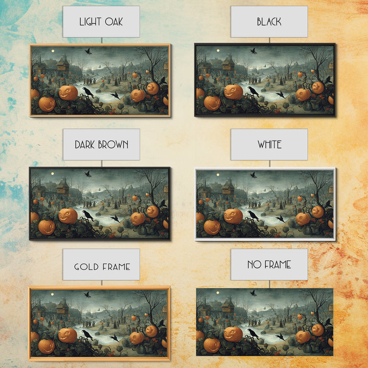 The Alien Pumpkin Patch, Northern Renaissance Horror, Wide Panoramic Art, Dark Halloween Decor, Canvas Print, Halloween Wall Art