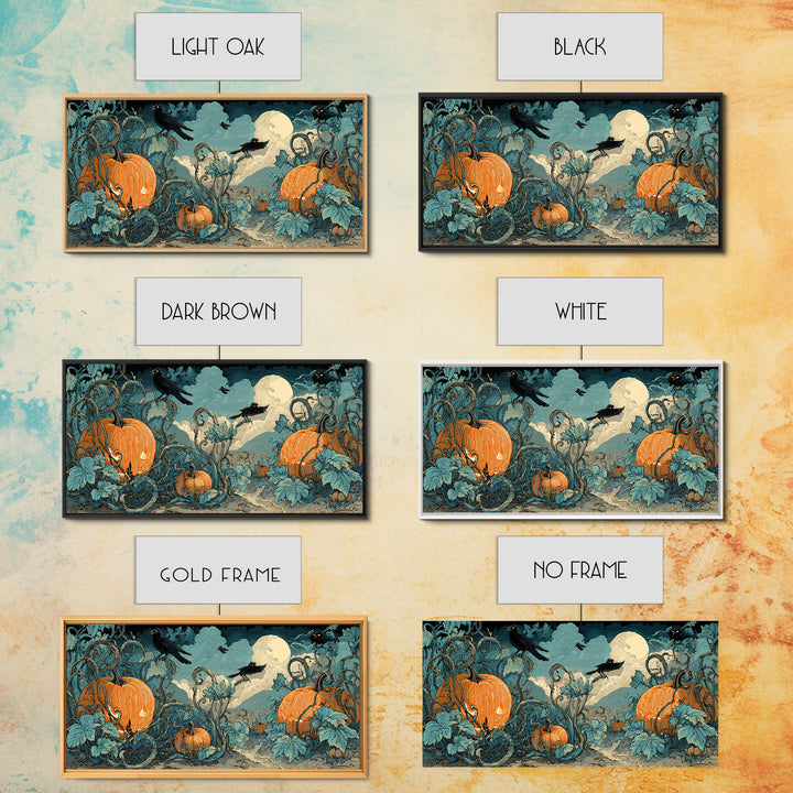 The Alien Pumpkin Patch, Macabre Folk Print Art, Wide Panoramic Art, Macabre Wall Art, Canvas Print, Halloween Wall Art