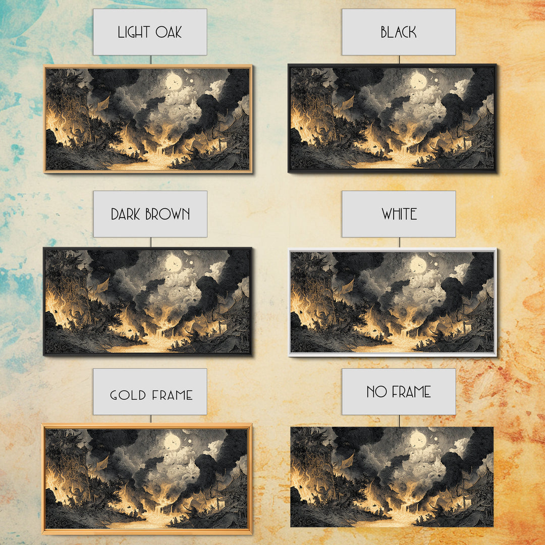 The Volcanic Demon Festival, Expressionist Nightmare Art, Wide Panoramic Art, Dark Halloween Decor, Canvas Print, Halloween Wall Art