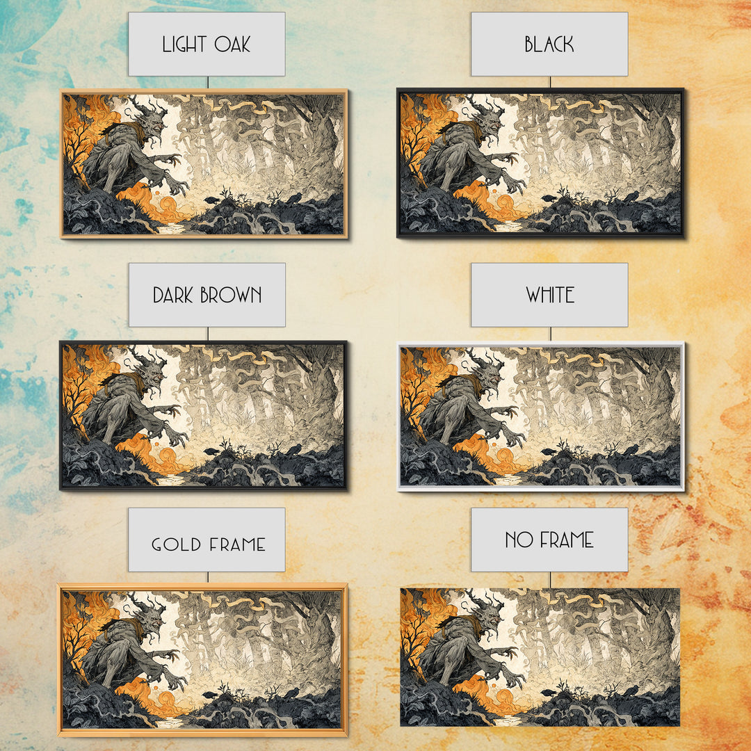 The Volcanic Demon Festival, Gothic Storybook Art, Wide Panoramic Art, Macabre Wall Art, Canvas Print, Halloween Wall Art