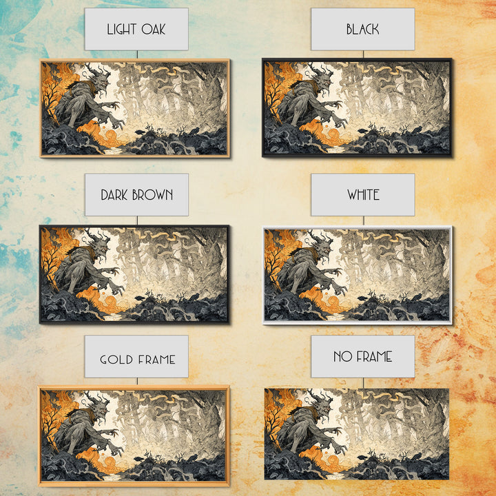 The Volcanic Demon Festival, Gothic Storybook Art, Wide Panoramic Art, Macabre Wall Art, Canvas Print, Halloween Wall Art