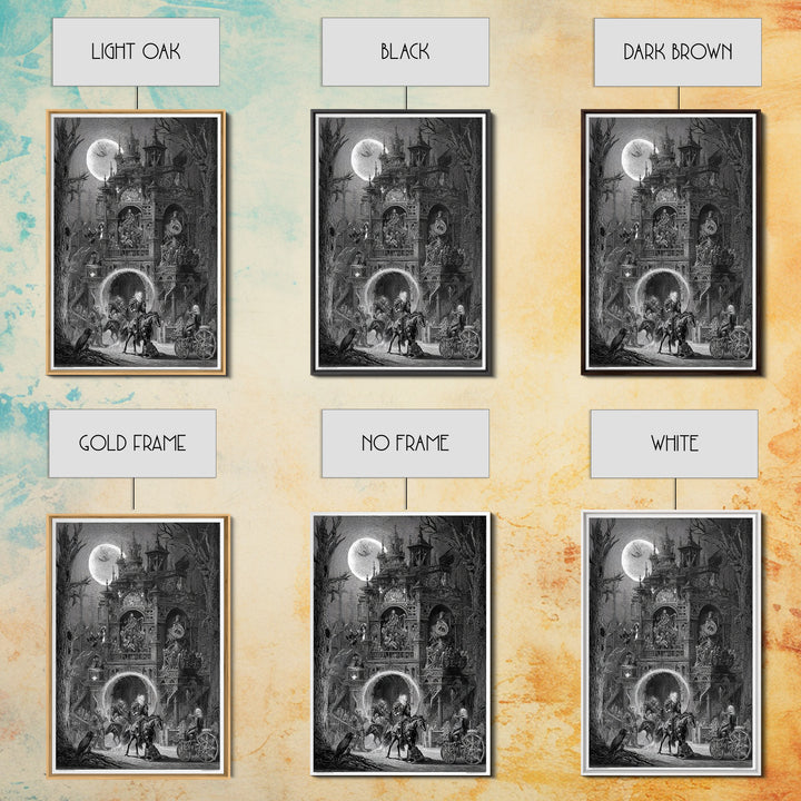 The Clockwork Haunted House, Renaissance Engraving Art, Vertical Wall Art, Macabre Wall Art, Framed Canvas Print, Halloween Wall Art