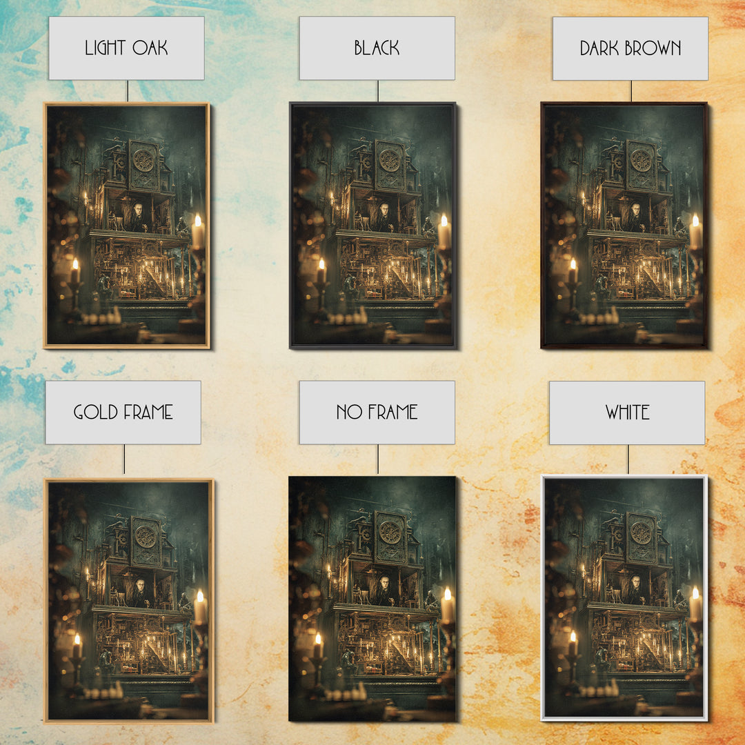 The Clockwork Haunted House, Ornate Symbolist Art, Vertical Wall Art, Dark Halloween Decor, Framed Canvas Print, Halloween Wall Art